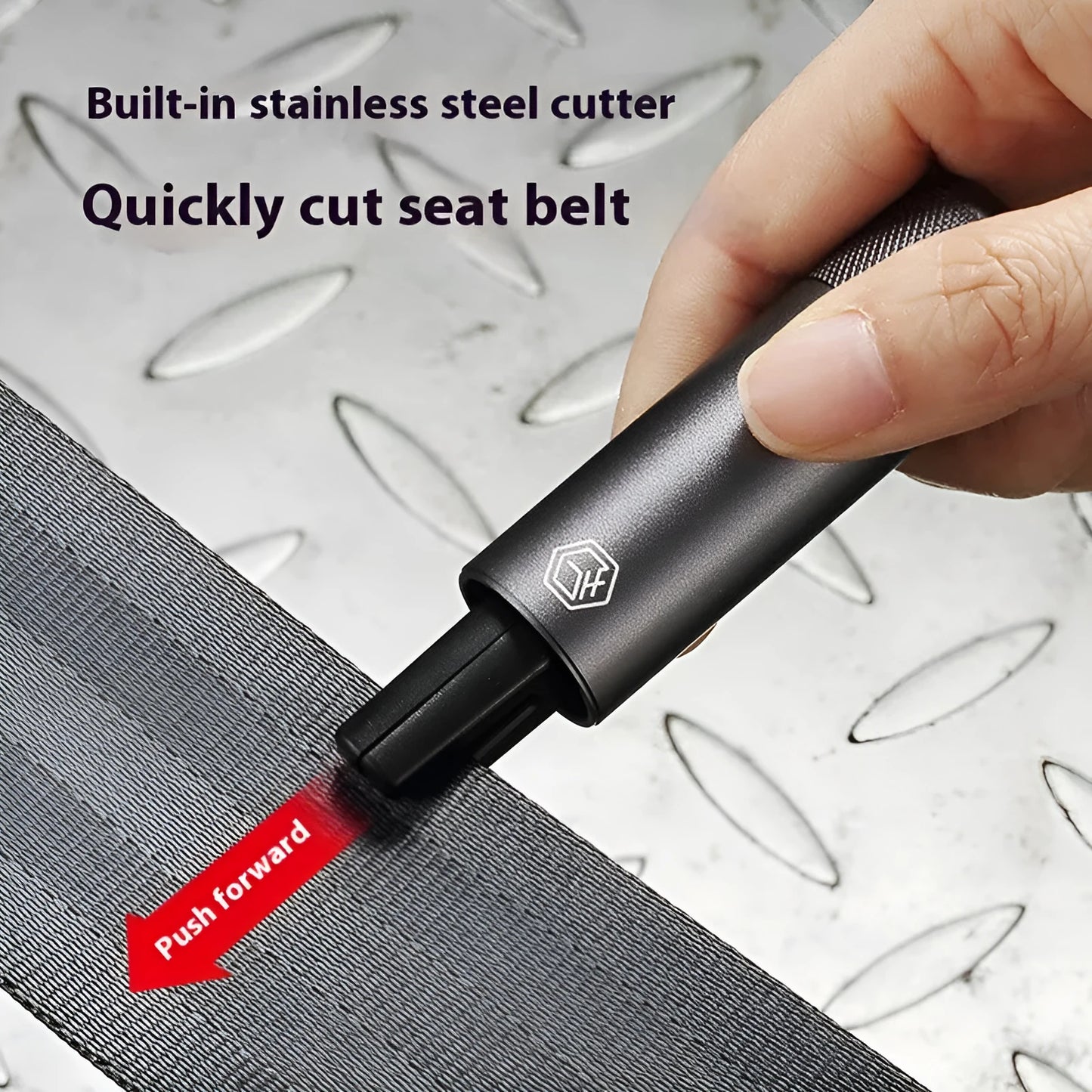 Gun grey aluminium car safety hammer with seatbelt cutter on a 3M rubber base, measuring 87mm long.