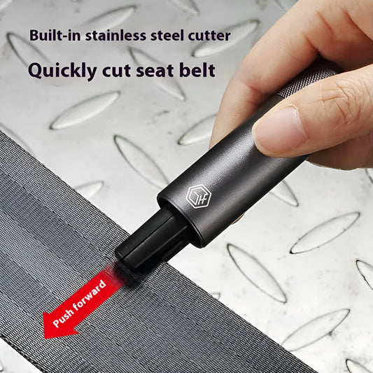 Gun grey aluminium car safety hammer with seatbelt cutter on a 3M rubber base, measuring 87mm long.