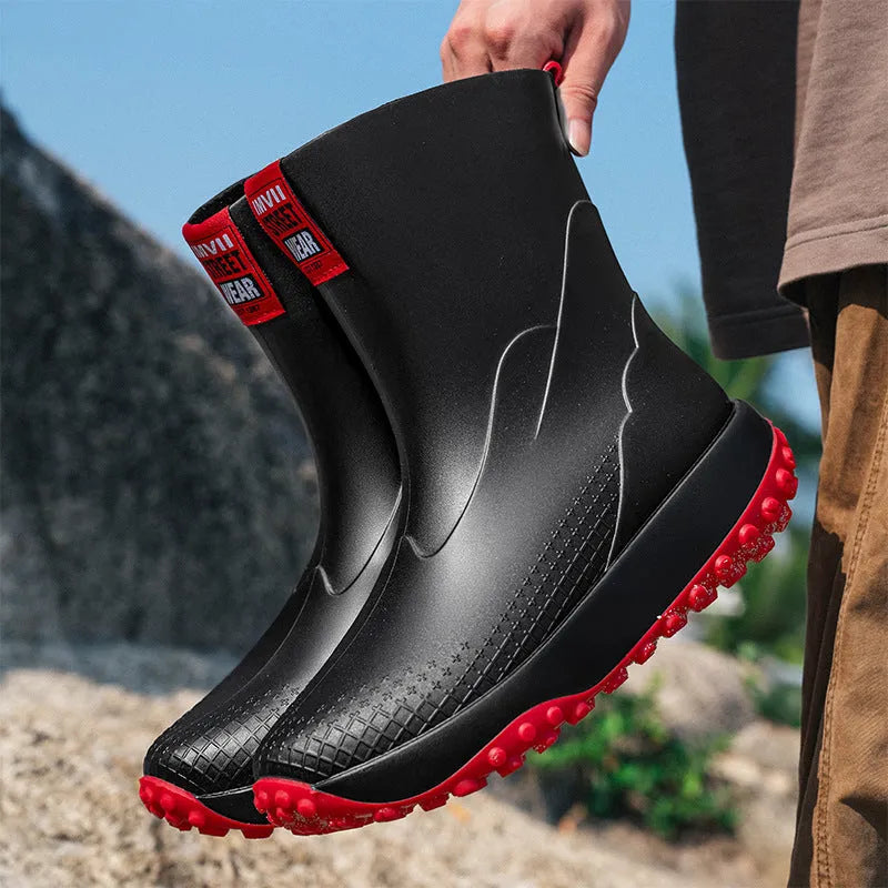 Men's mid low tube rain boots in black red colour with round toe and plastic soles