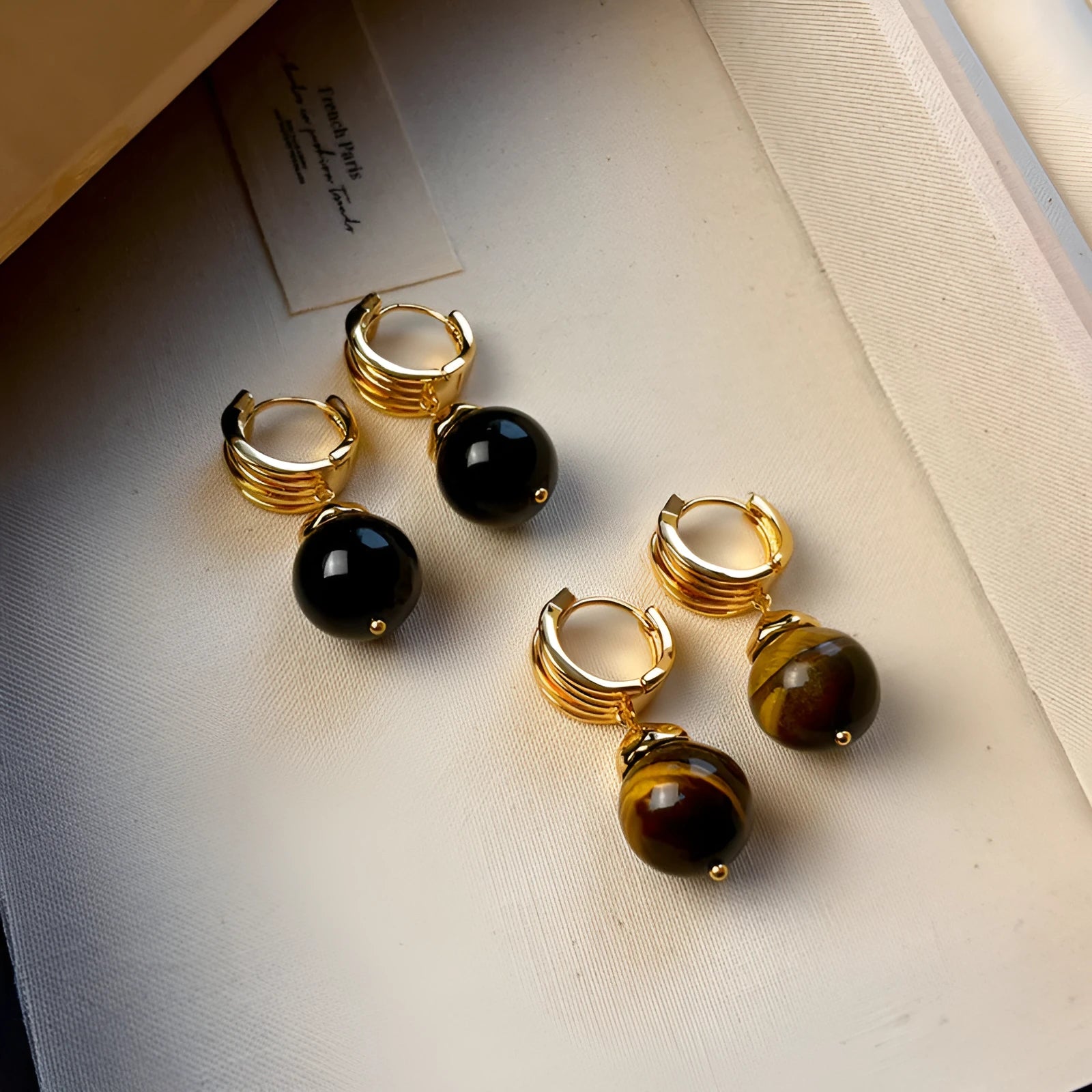 Gold-plated Tigereye earrings with geometric round shape in French retro style