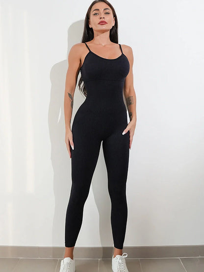 Women's black one-piece jumpsuit with spaghetti straps and tummy control