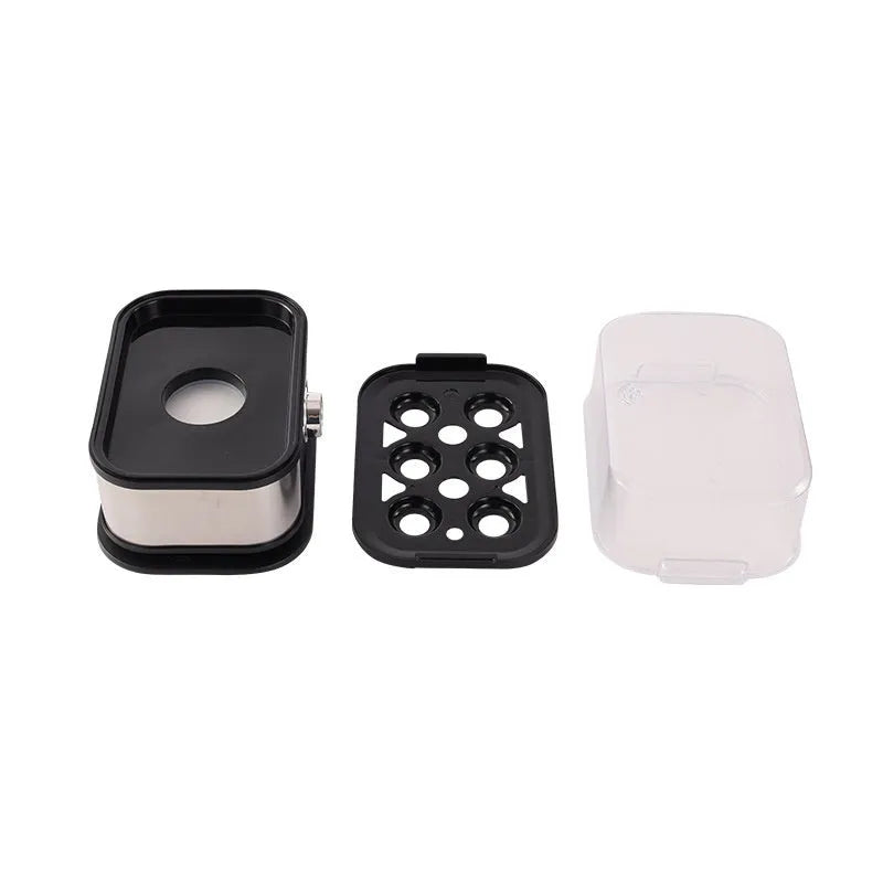 Black stainless steel portable egg boiler with power cord and international adapters for American, European, British standards