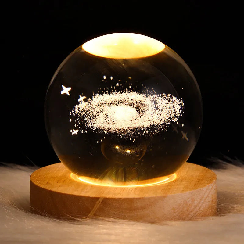 Crystal ball night light projecting 3D starry sky and planets with solid wood base