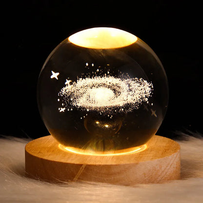 Crystal ball night light projecting 3D starry sky and planets with solid wood base