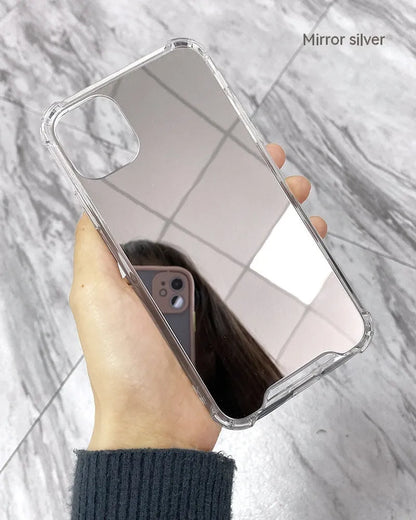 Mirror finish iPhone case showing transparent PC shell with reflective silver surface and back cover design