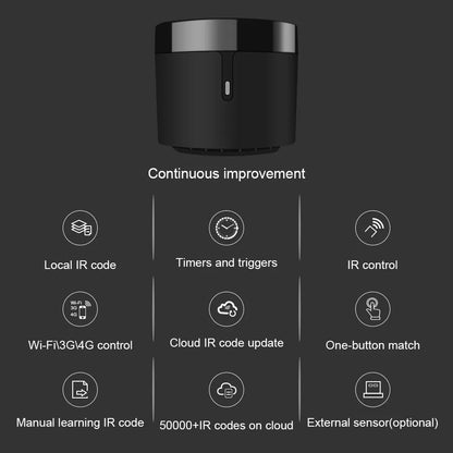 RM4 Mini black ABS plastic IR remote control hub with USB interface and BroadLink App compatibility
