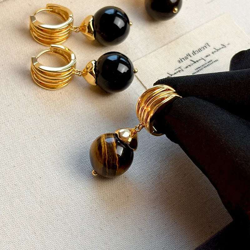 Gold-plated Tigereye earrings with geometric round shape in French retro style