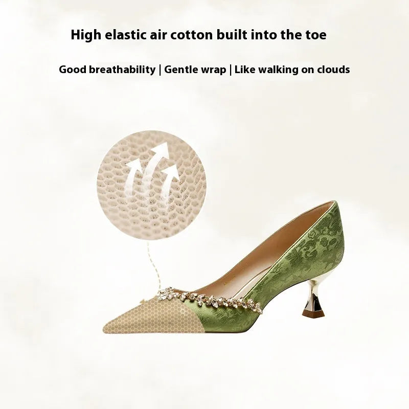 Chinese style wedding shoes with satin upper, rhinestone decoration and slip-on closure in champagne colour