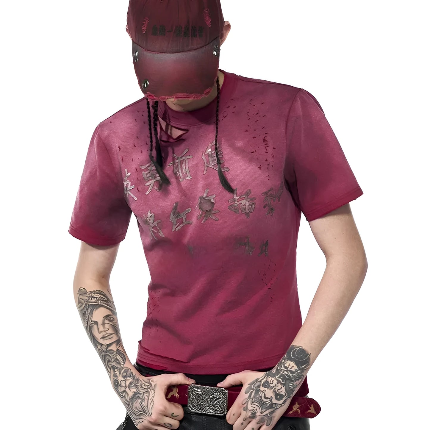 Men's red slim-fit distressed t-shirt with short sleeves and round neck in Korean youth style