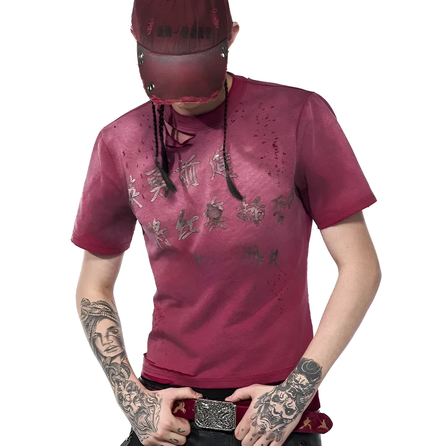 Men's red slim-fit distressed t-shirt with short sleeves and round neck in Korean youth style