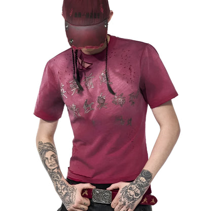 Men's red slim-fit distressed t-shirt with short sleeves and round neck in Korean youth style
