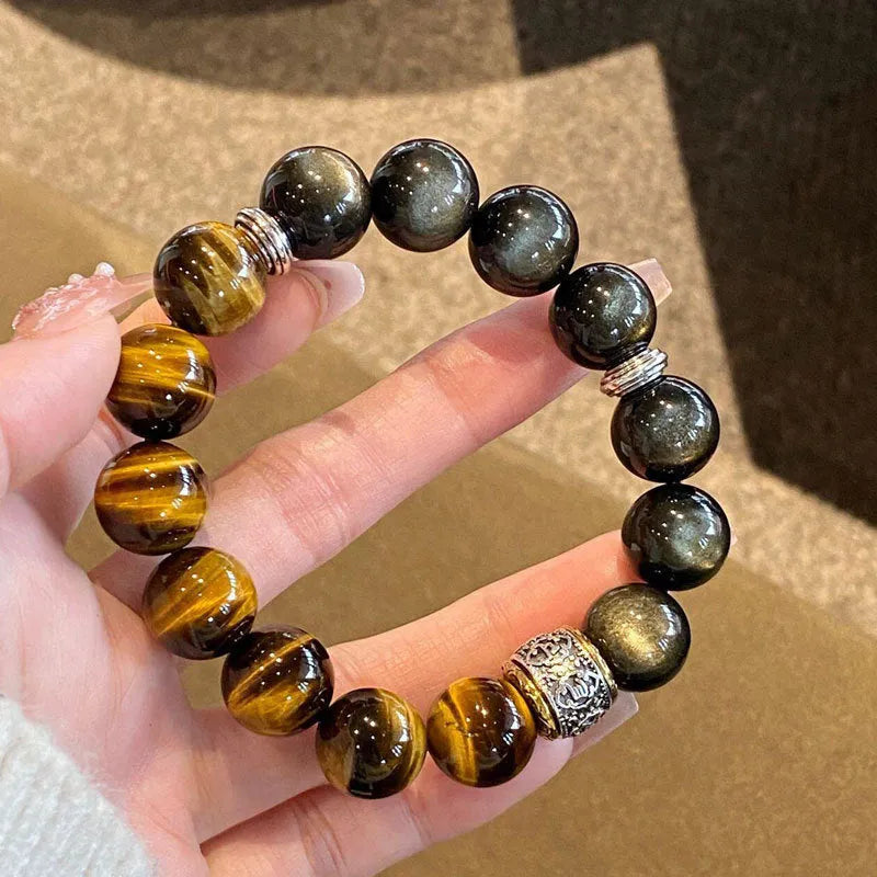 Tigereye stone women's bracelet with silver gold inlay finish and double fight design