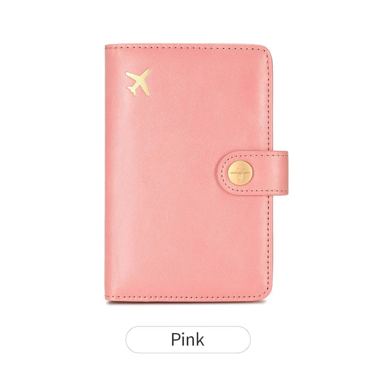 Simple PU leather passport holder in sapphire blue with visible sewing lines, showing card slots and RFID protection.