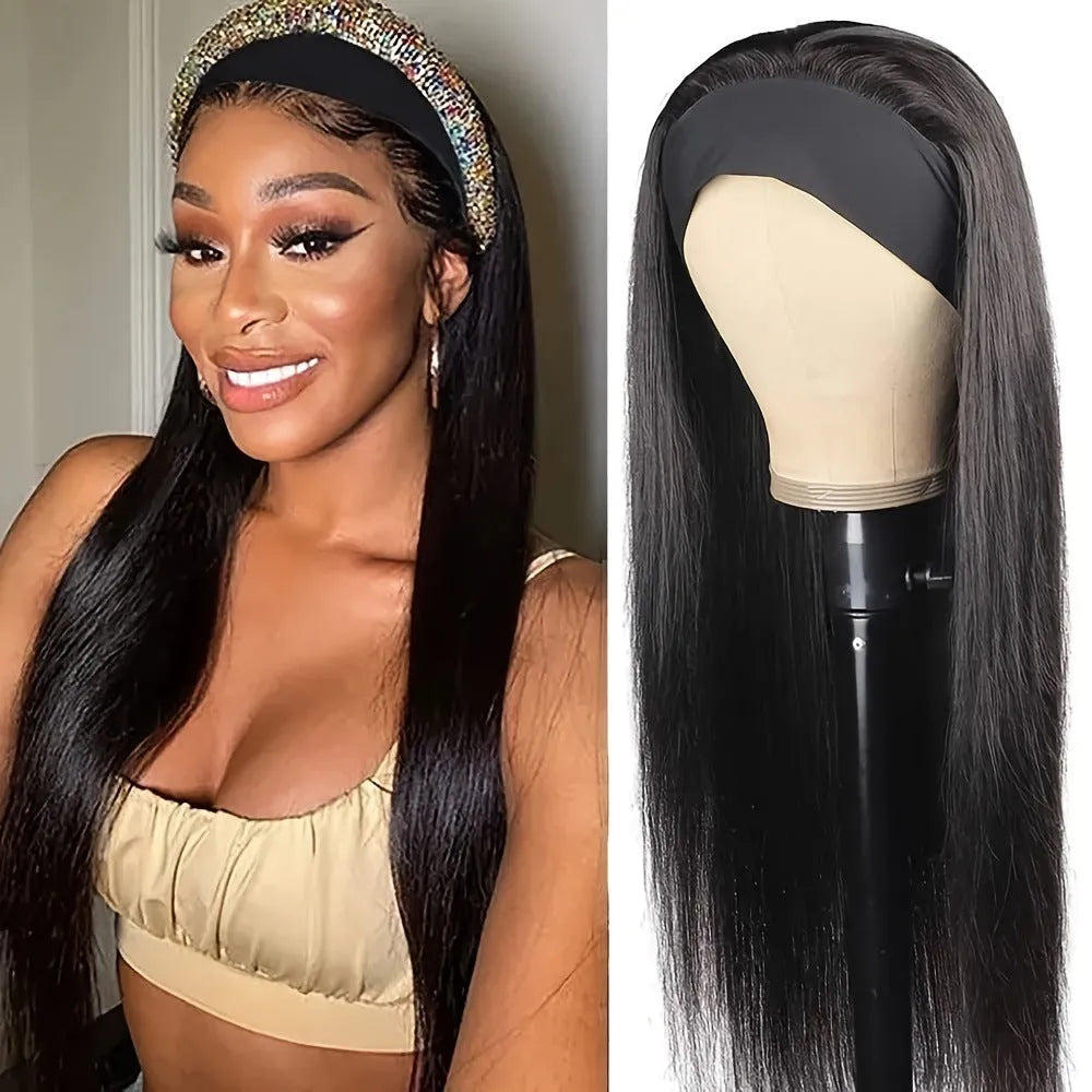Headband wig with long straight synthetic hair in black colour option