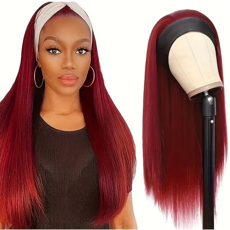 Headband wig with long straight synthetic hair in black colour option