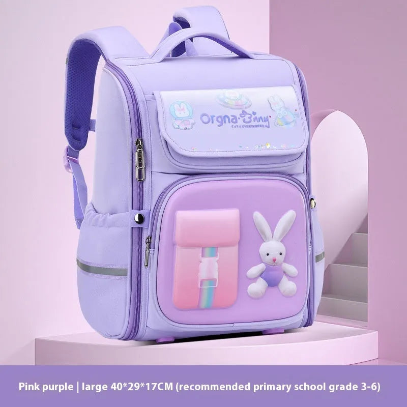 Children's cartoon backpack with airpillow straps in rabbit pink colour showing size comparison