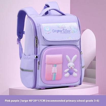 Children's cartoon backpack with airpillow straps in rabbit pink colour showing size comparison