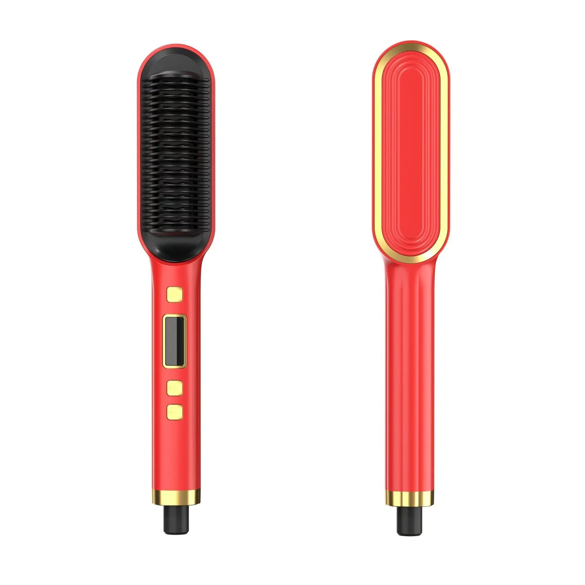 Display hair straightener and curler with ABS heater band, plug-in power, in black, white, red, green, or beige.
