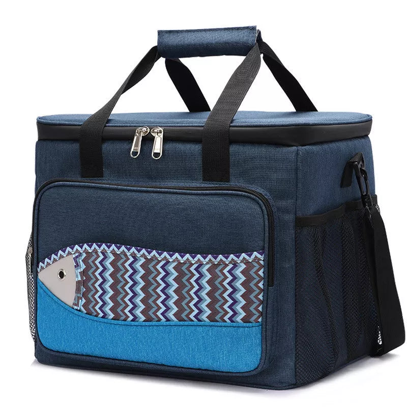 Fish pattern insulated cooler bag in various colors, perfect for outdoor picnics and lunches