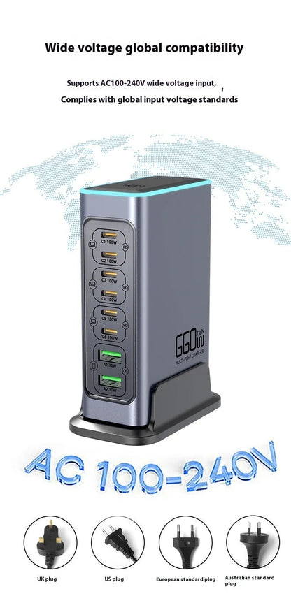 Gallium Nitride 660W desktop charger with four TYPE-C ports showing UK plug configuration and compact 10.5cm dimensions