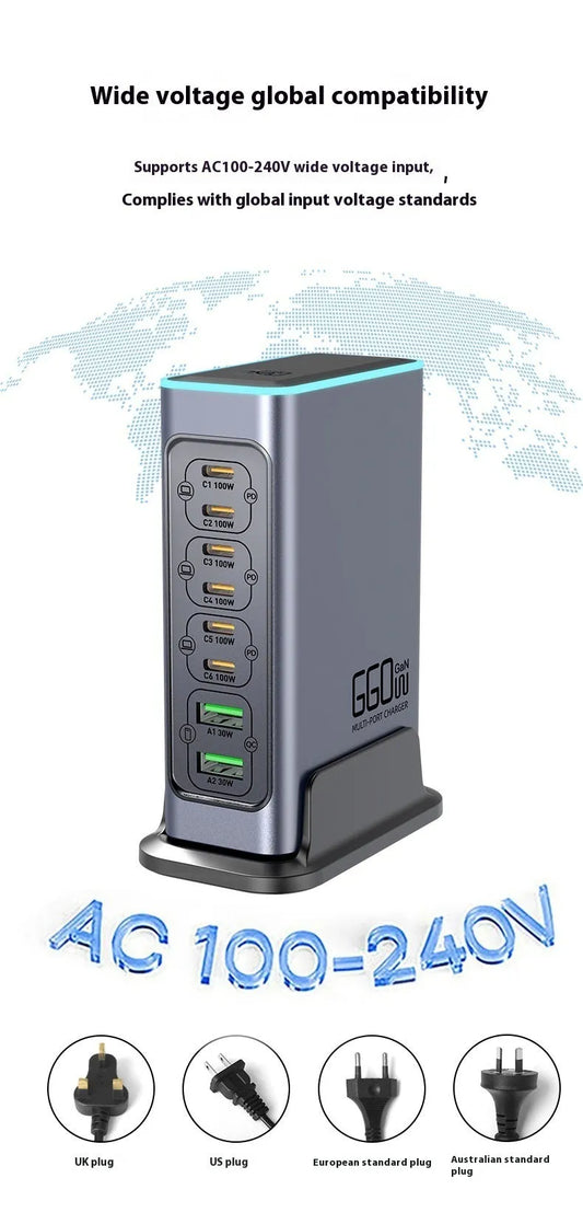 Gallium Nitride 660W desktop charger with four TYPE-C ports showing UK plug configuration and compact 10.5cm dimensions