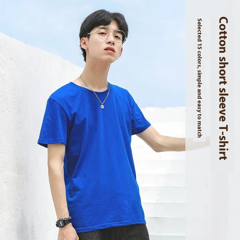 Men's Round Neck T-shirt Solid Colour Cotton Short Sleeve Casual Pullover Top available in White Pink Red Purple Grey Black Yellow Rose Orange Green Dark Green Grass Green Sky Blue Navy Blue and Sapphire Blue sizes S M L XL XXL XXXL