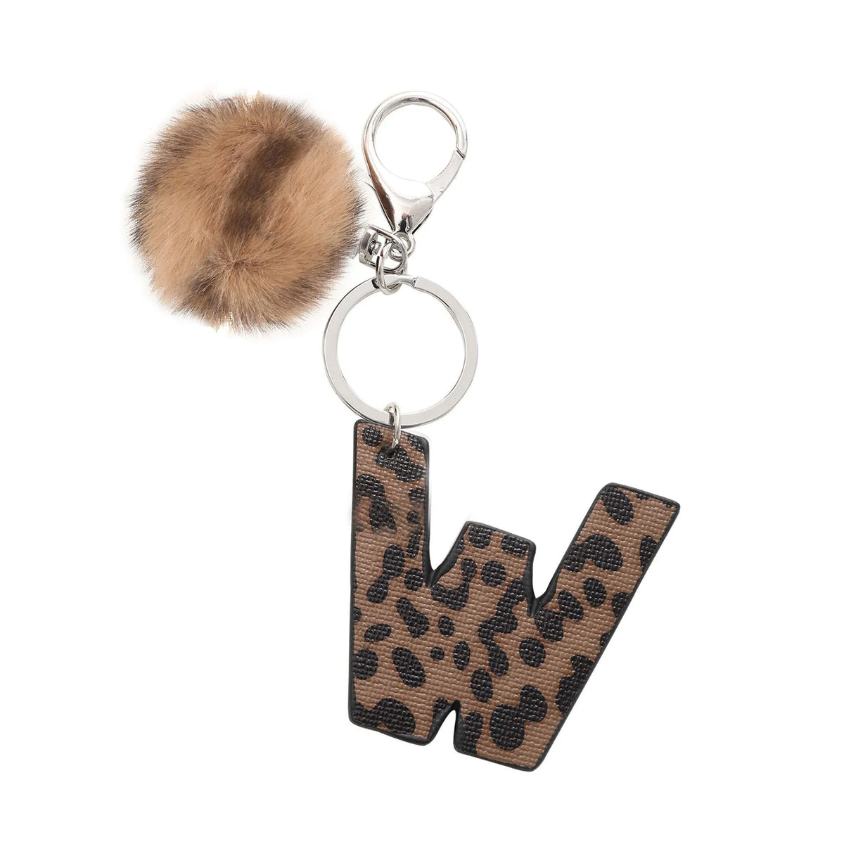 Leopard-print artificial leather keychain with oil-edged acrylic letter and included key ring, retro style