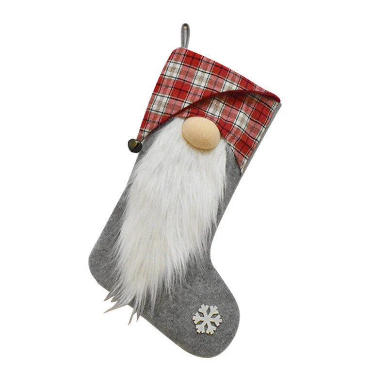 Charming Christmas stockings with red plaid pattern and 3D dwarf accents, perfect for festive home decor