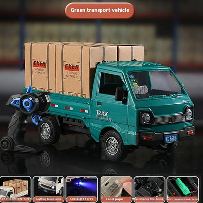 Blue remote control city truck with LED lights illuminated, demonstrating spray sound effect activation during operation