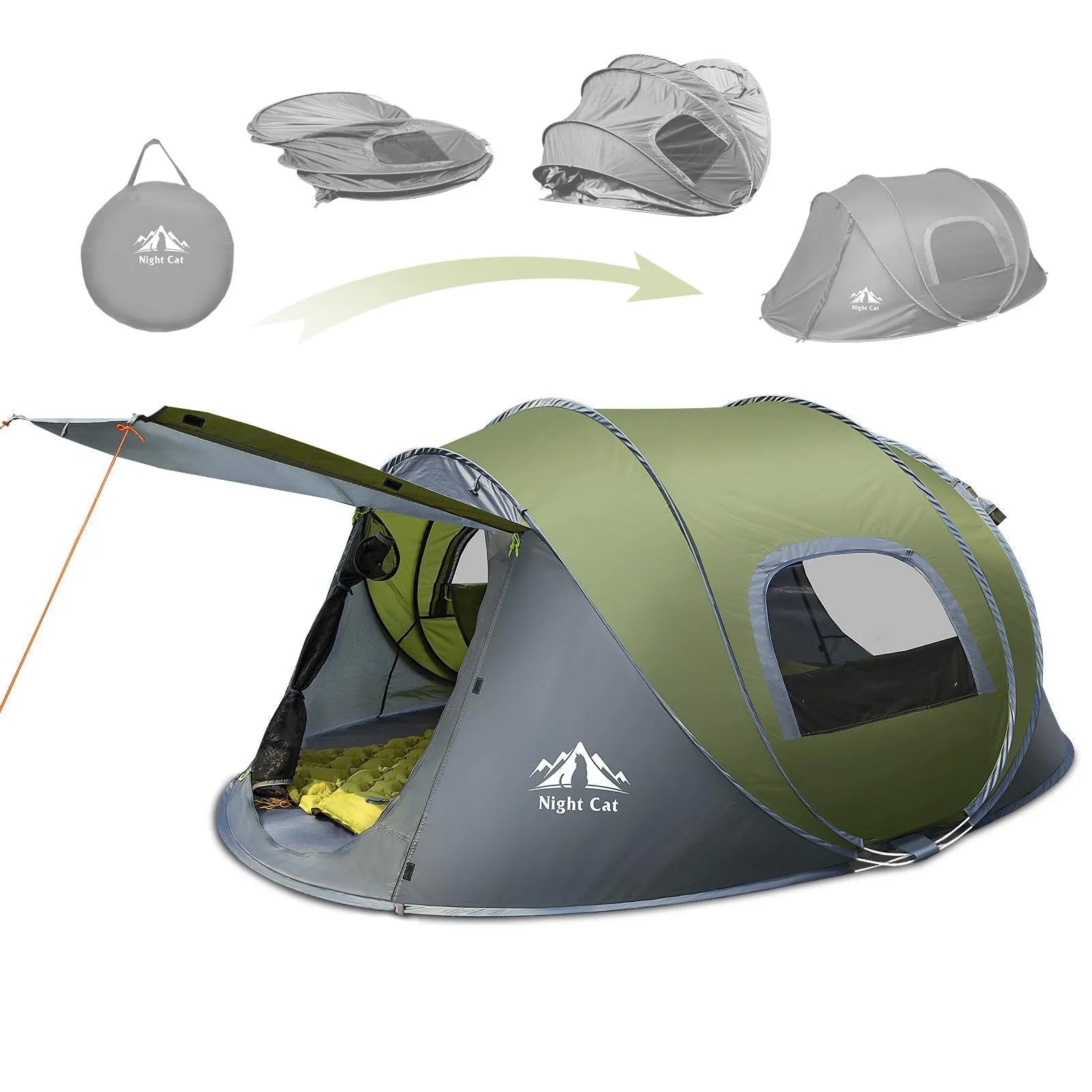 Dark green automatic pop-up camping tent set up in woodland with 2.9m length and 1.15m height showing rainfly and inner tent