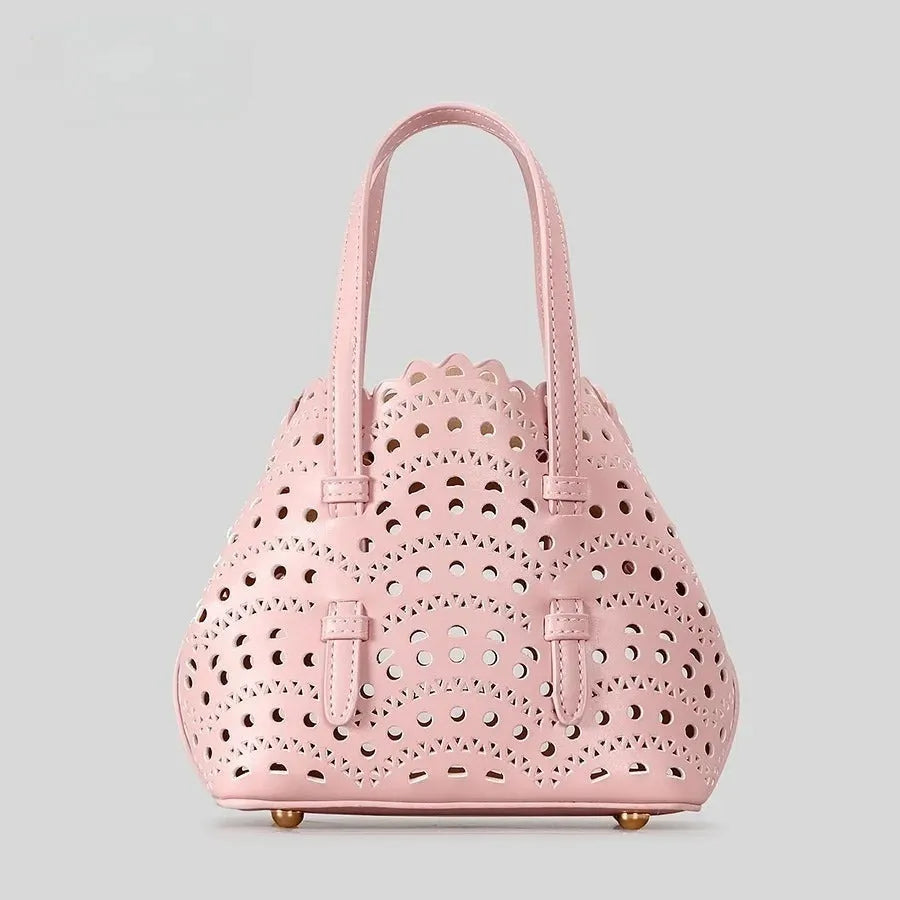 Hollow carved PU messenger tote bag with three straps in horizontal square shape