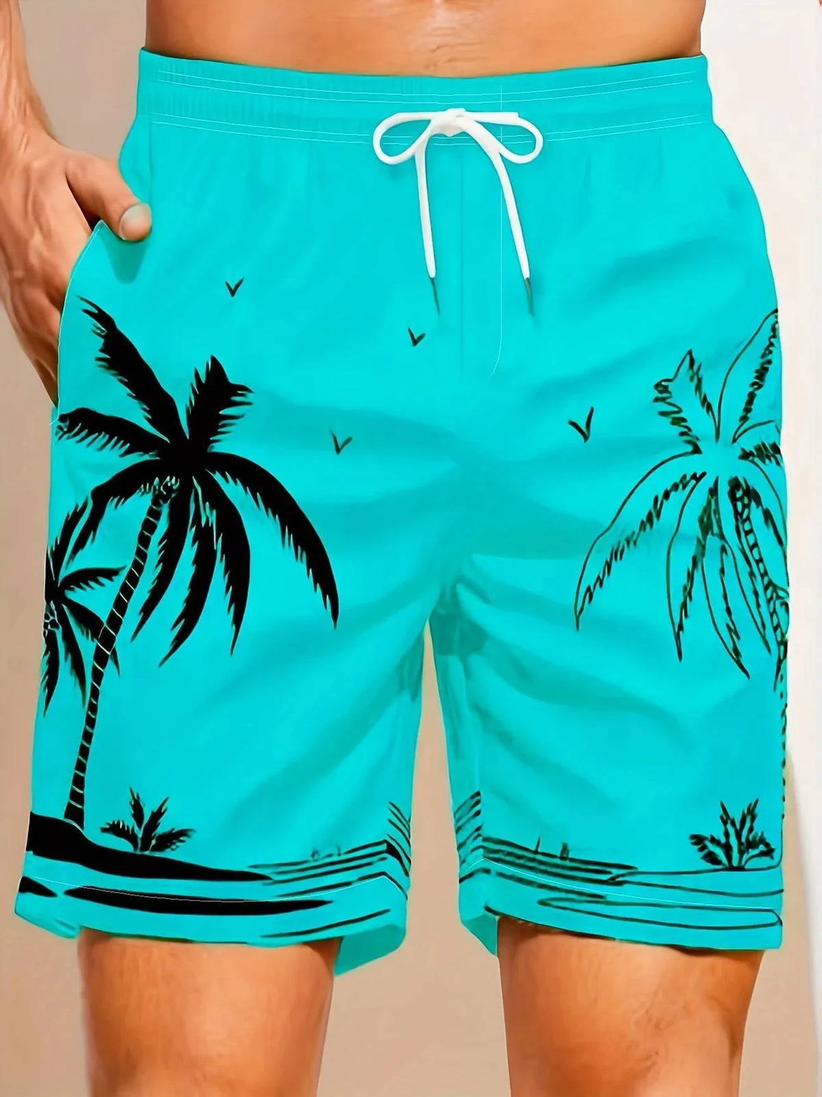 Men's micro-elastic quick-drying swimming trunks in polyester fabric showing colour and fit details