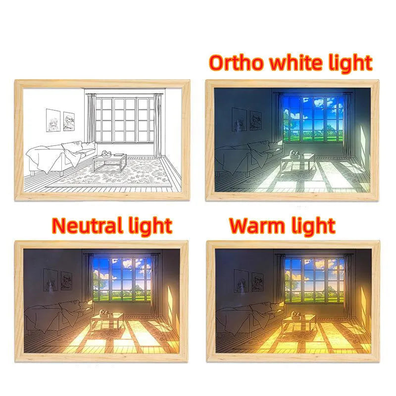 LED illuminated decorative picture light on a table showing a scenic landscape image glowing from within.