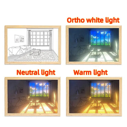 LED illuminated decorative picture light on a table showing a scenic landscape image glowing from within.