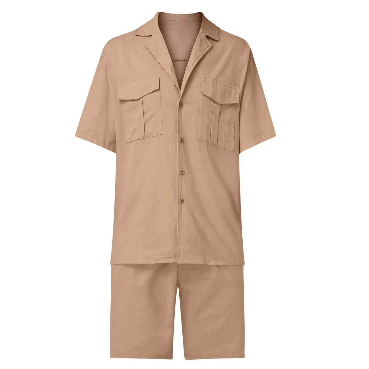 Lapel collar short sleeve linen shirt and shorts set with pockets, loose casual summer two-piece in solid colour
