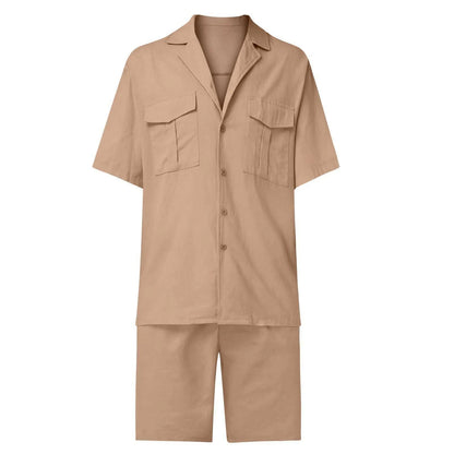 Lapel collar short sleeve linen shirt and shorts set with pockets, loose casual summer two-piece in solid colour