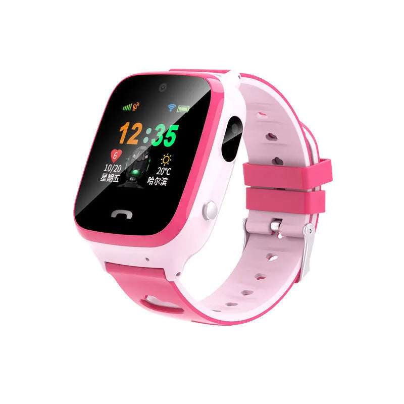 Blue children's smartwatch with GPS positioning, HD touch screen, and silicone wristband