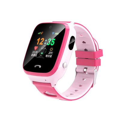 Blue children's smartwatch with GPS positioning, HD touch screen, and silicone wristband