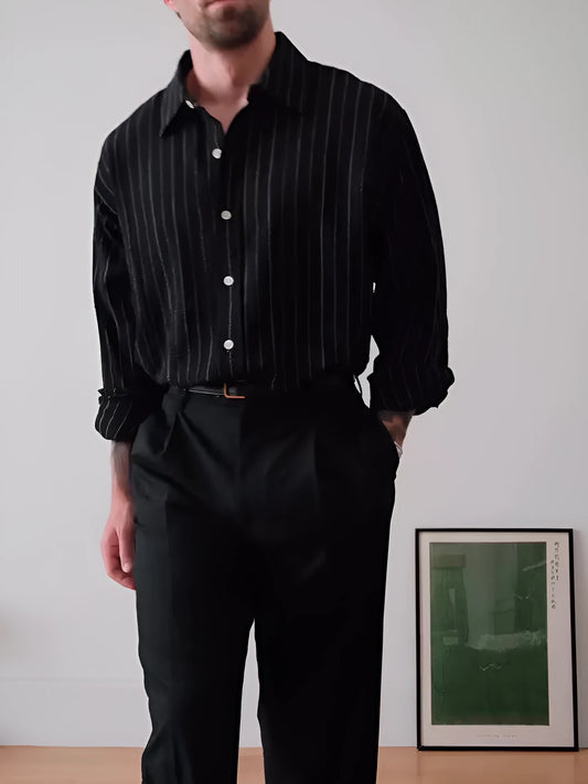 Men's black and white pinstripe long sleeve button down shirt with a regular fit.