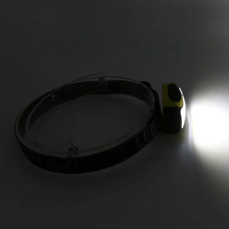 Yellow plastic headlamp with adjustable headband and COB LED light, showing three-speed control buttons.