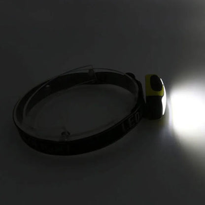 Yellow plastic headlamp with adjustable headband and COB LED light, showing three-speed control buttons.