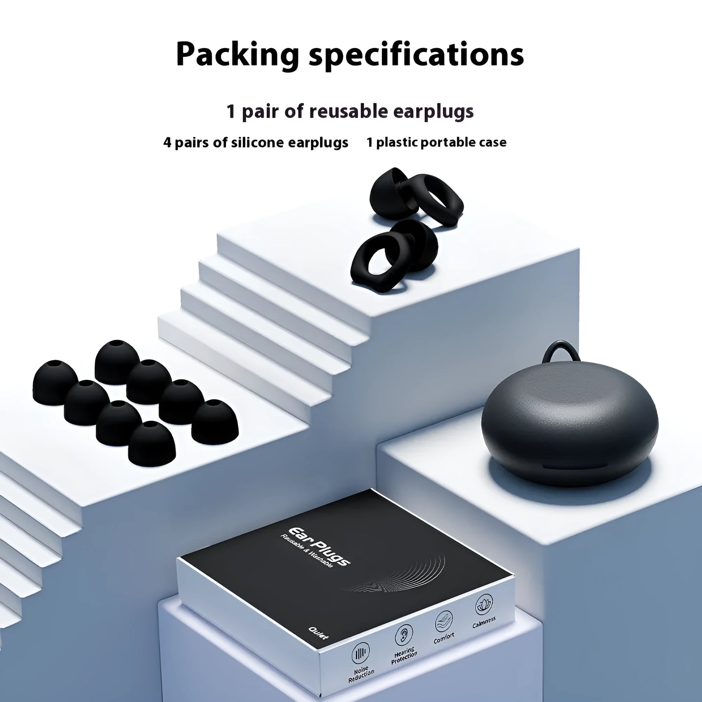 A pair of silicone soundproof earplugs in one of five colours: black, blue, green, purple, or white.