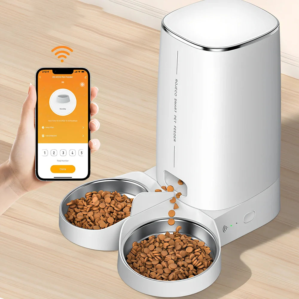 ROJECO white automatic pet feeder with stainless steel bowl and digital control panel