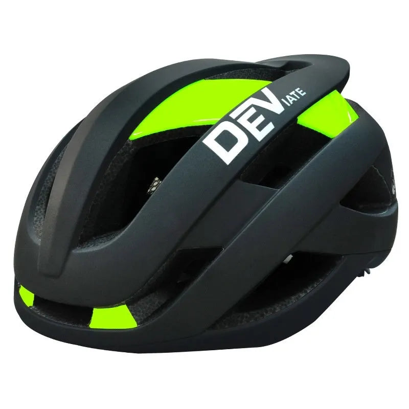Adult adjustable mountain bike helmet in matte black with coloured graphics, showing ventilation net and sizing dial.