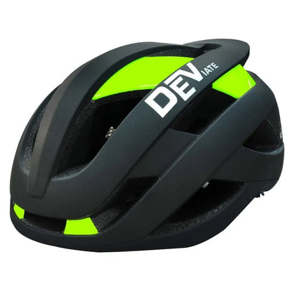 Adult adjustable mountain bike helmet in matte black with coloured graphics, showing ventilation net and sizing dial.