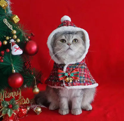 Red Christmas hooded cloak for pets made from polar fleece material on dog model