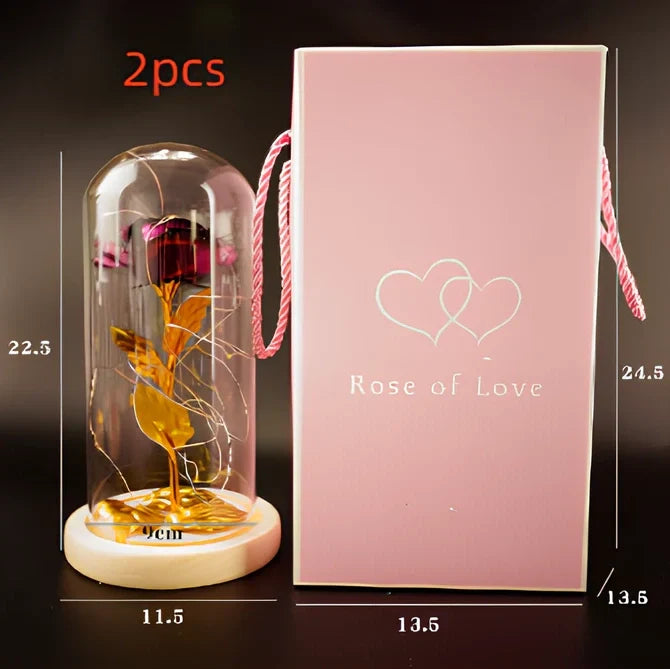 Little Prince rose arrangement under 20x9cm glass dome with gold foil flowers