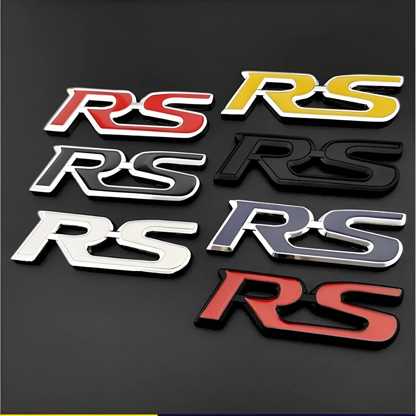 Zinc alloy metal car sticker with RS design measuring 9 by 2.4 centimetres