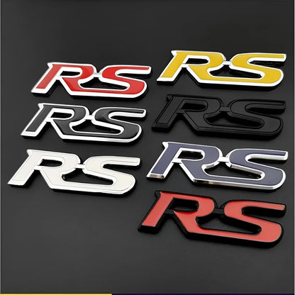 Zinc alloy metal car sticker with RS design measuring 9 by 2.4 centimetres