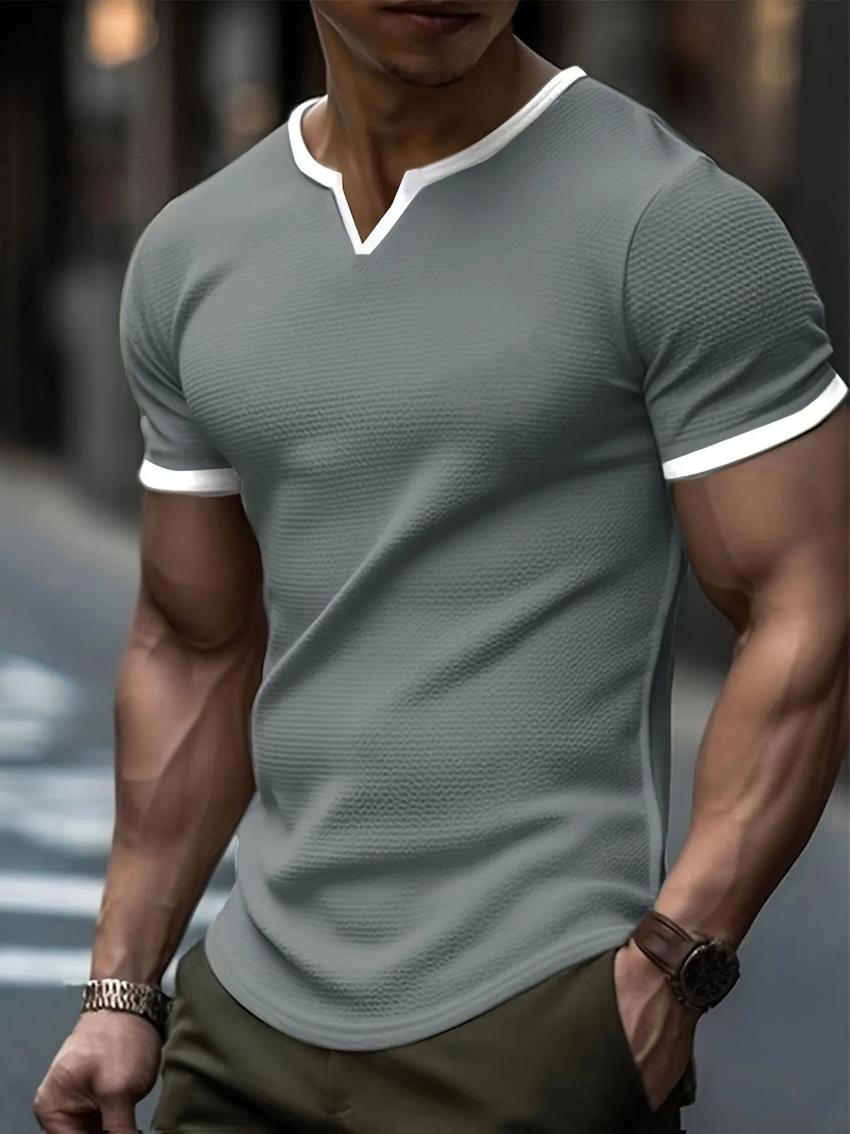 Men's colour-block V-neck waffle texture t-shirt in polyester for sports